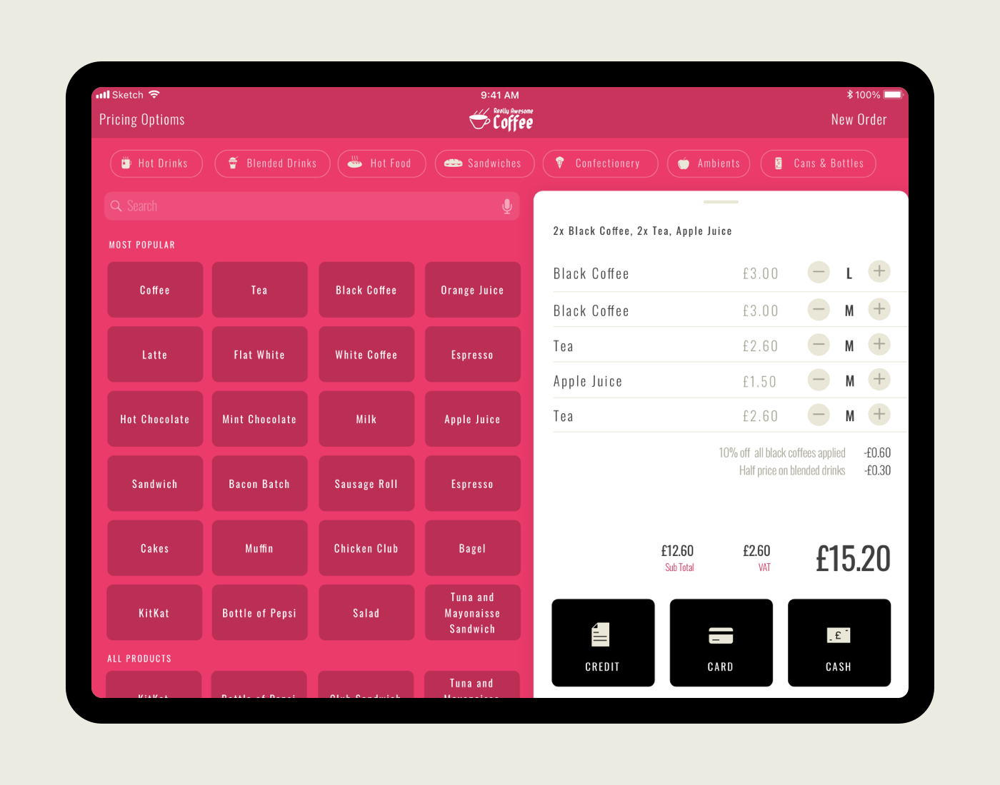 Really Awesome Coffee Order screen